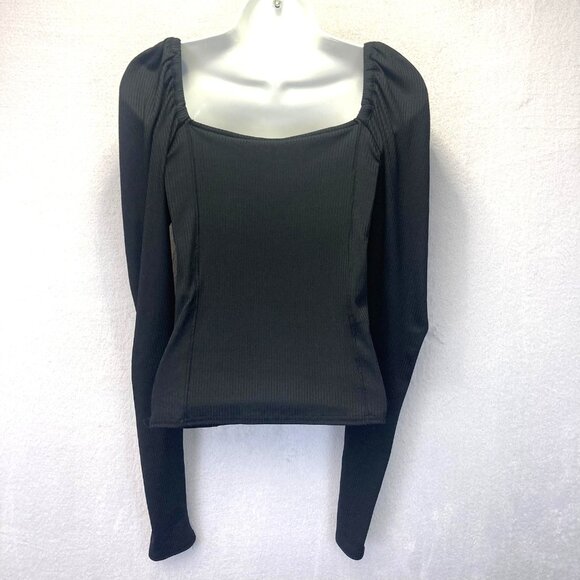 Free People Puff Shoulder Square Neck Shirt Womens Medium M Black Ribbed Stretch - Picture 5 of 13